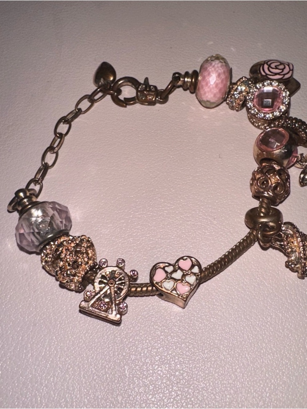Pandora like Pink Bead and Charm Bracelet with Gold-Tone Accents - Picture 4 of 4